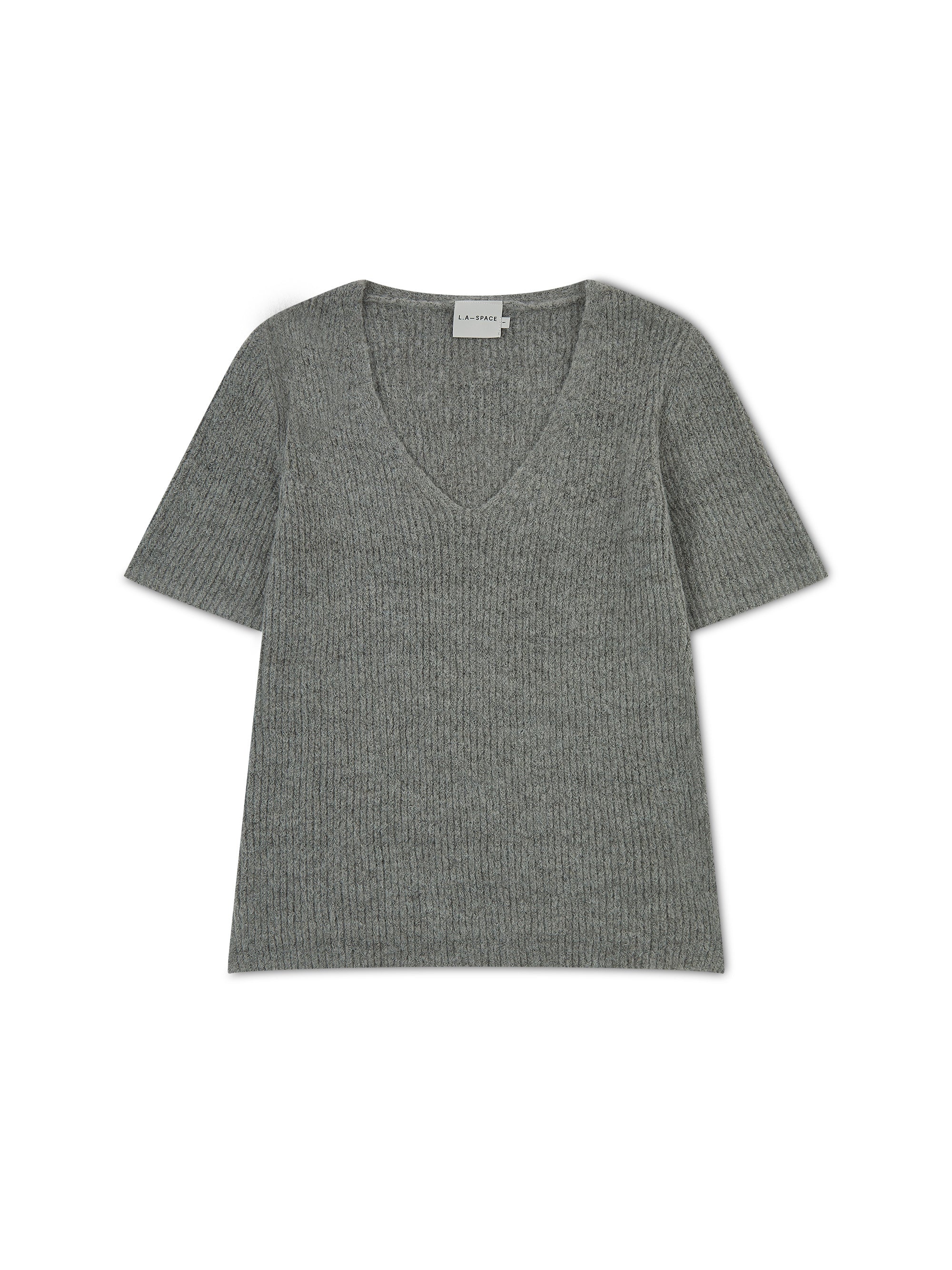 'CALME' TEXTURED KNIT V-NECK T-SHIRT GREY - Image 3