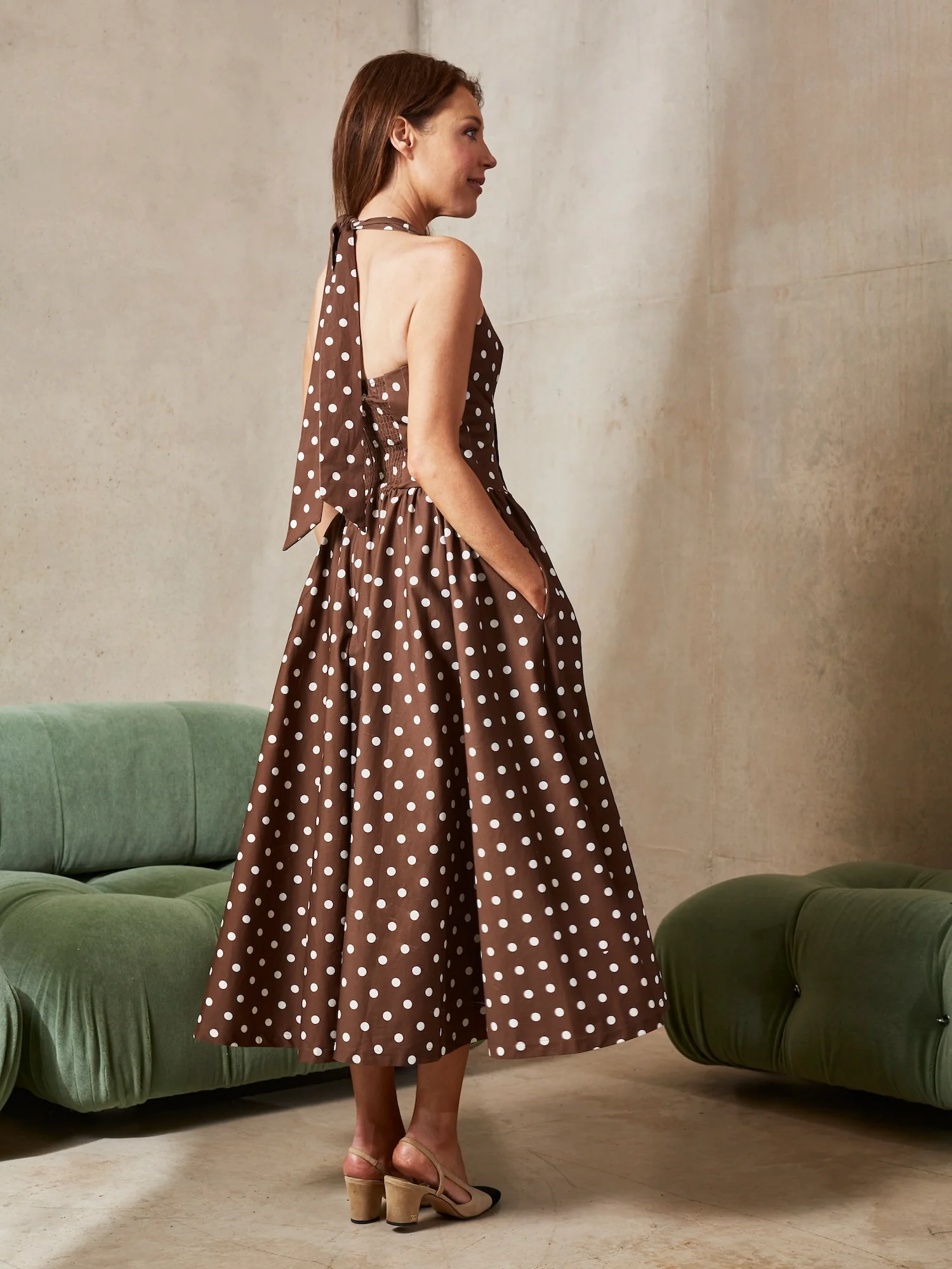 'PRETTY WOMAN' POLKA DOT HALTER NECK CORSET MIDI DRESS BROWN - Image 5