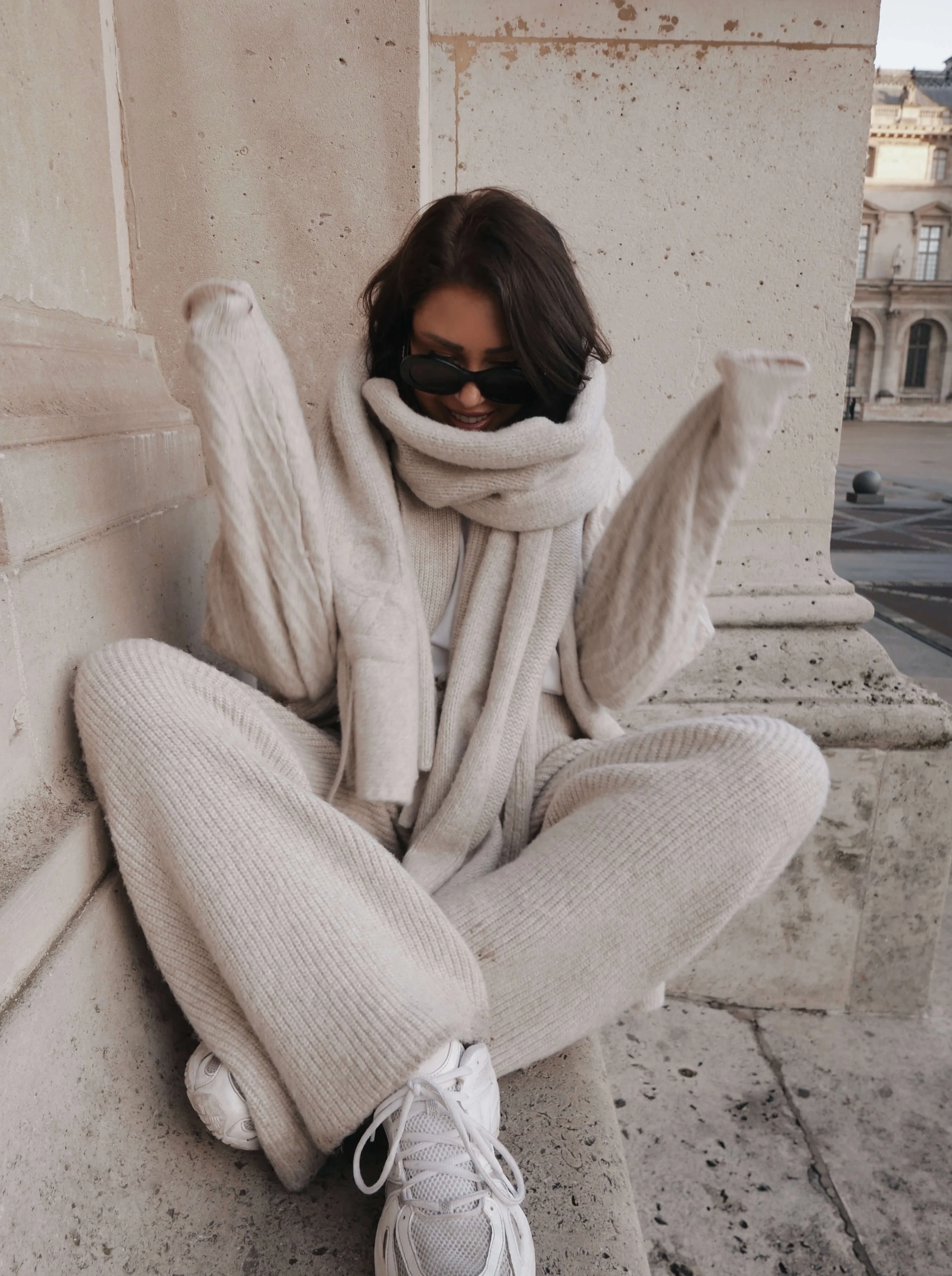 'CAMILLE' RIBBED DETAIL KNITTED WIDE LEG TROUSERS BEIGE - Image 2