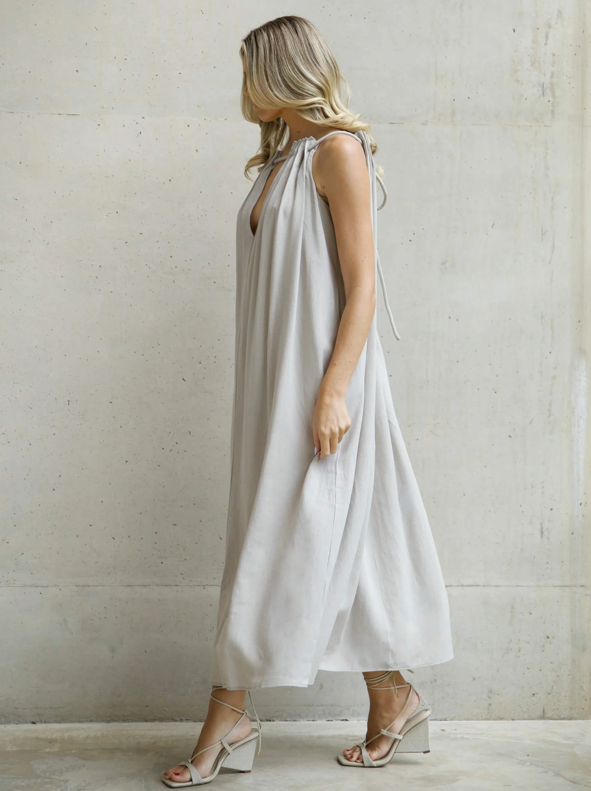 'MARIA' ROPE DETAIL RUCHED NECK MAXI DRESS STONE - Image 3