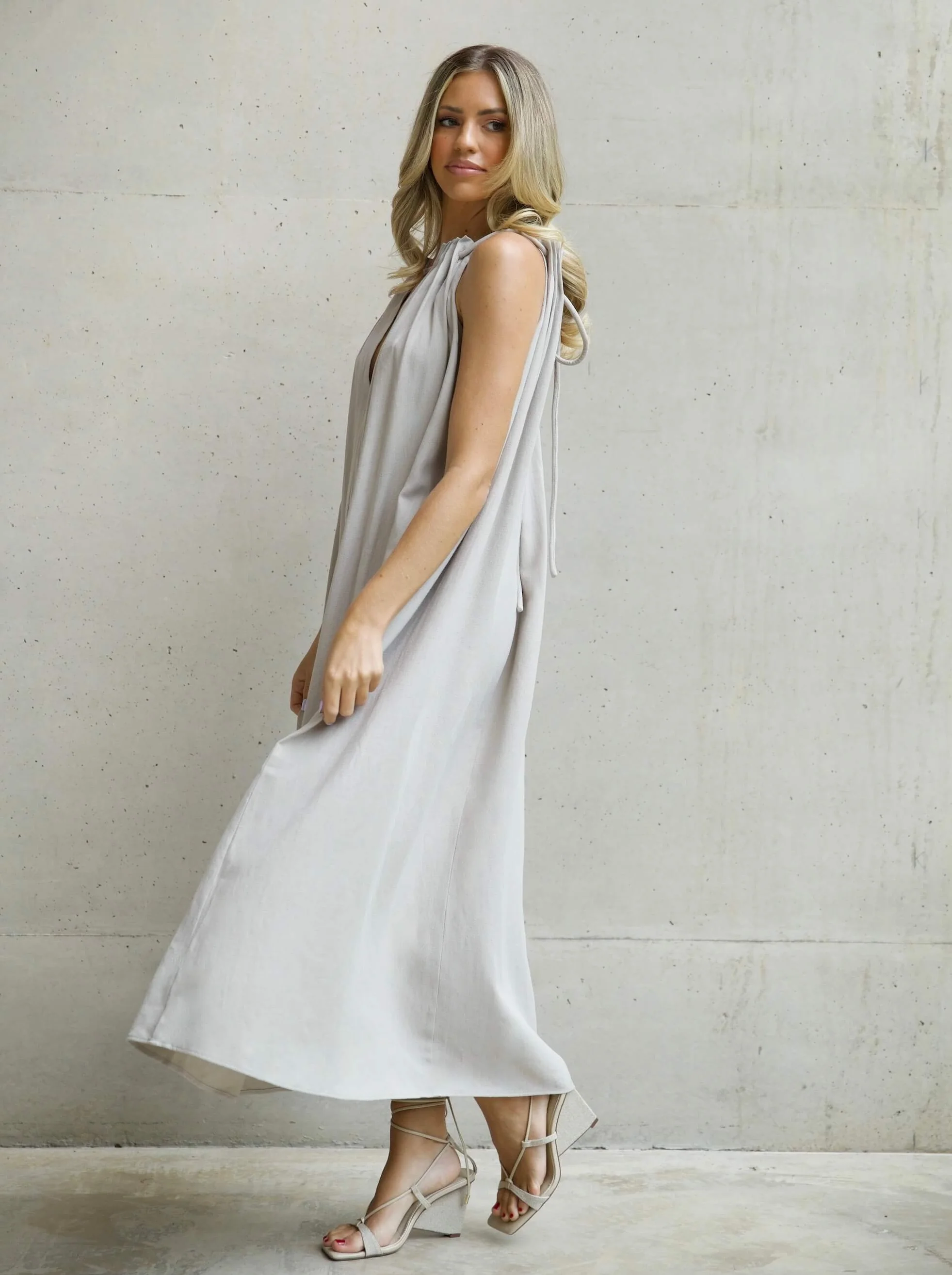 'MARIA' ROPE DETAIL RUCHED NECK MAXI DRESS STONE - Image 4