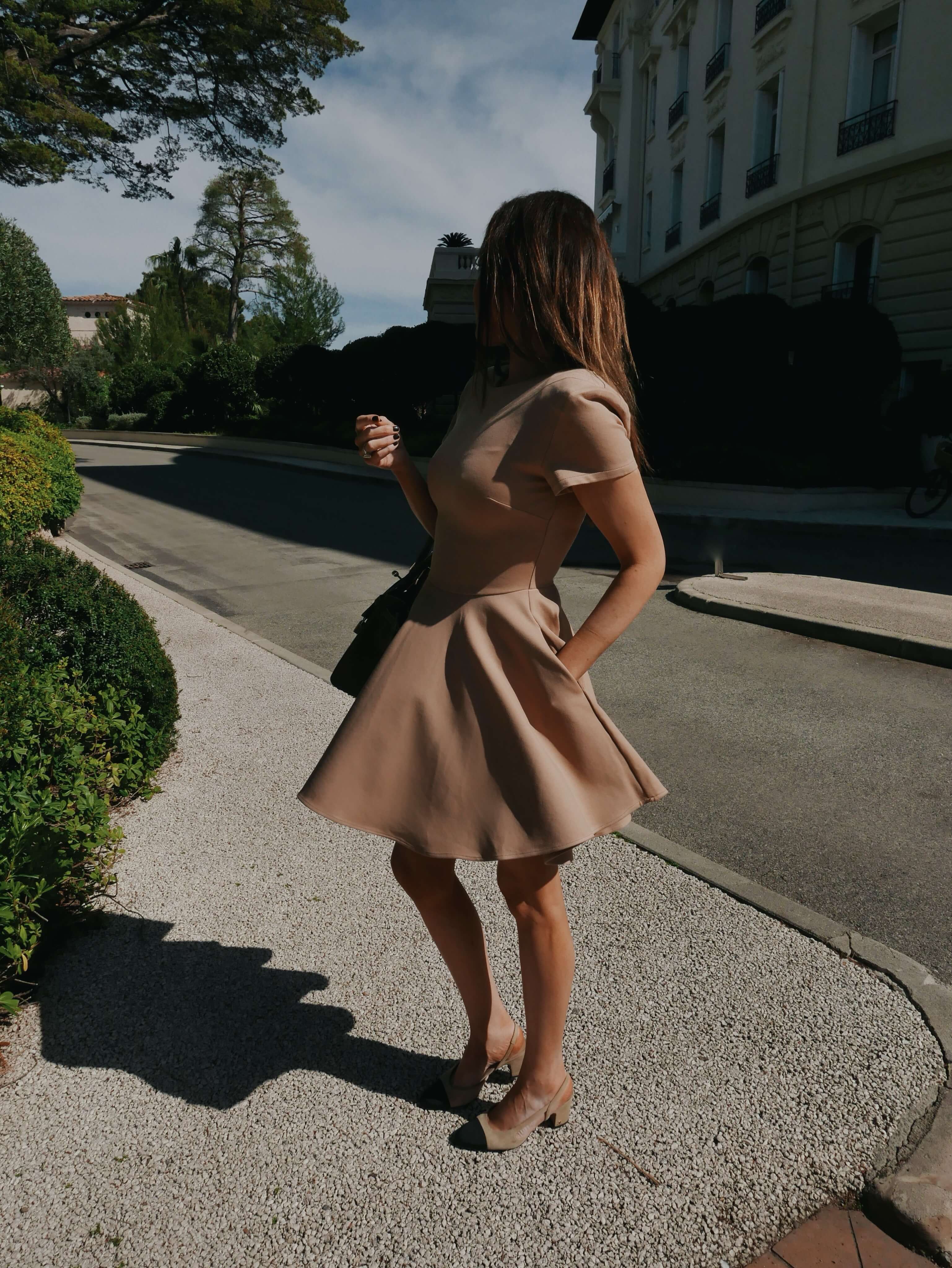 'RIVIERA' SHORT SLEEVE STRUCTURED SHOULDER MINI DRESS CAMEL - Image 2