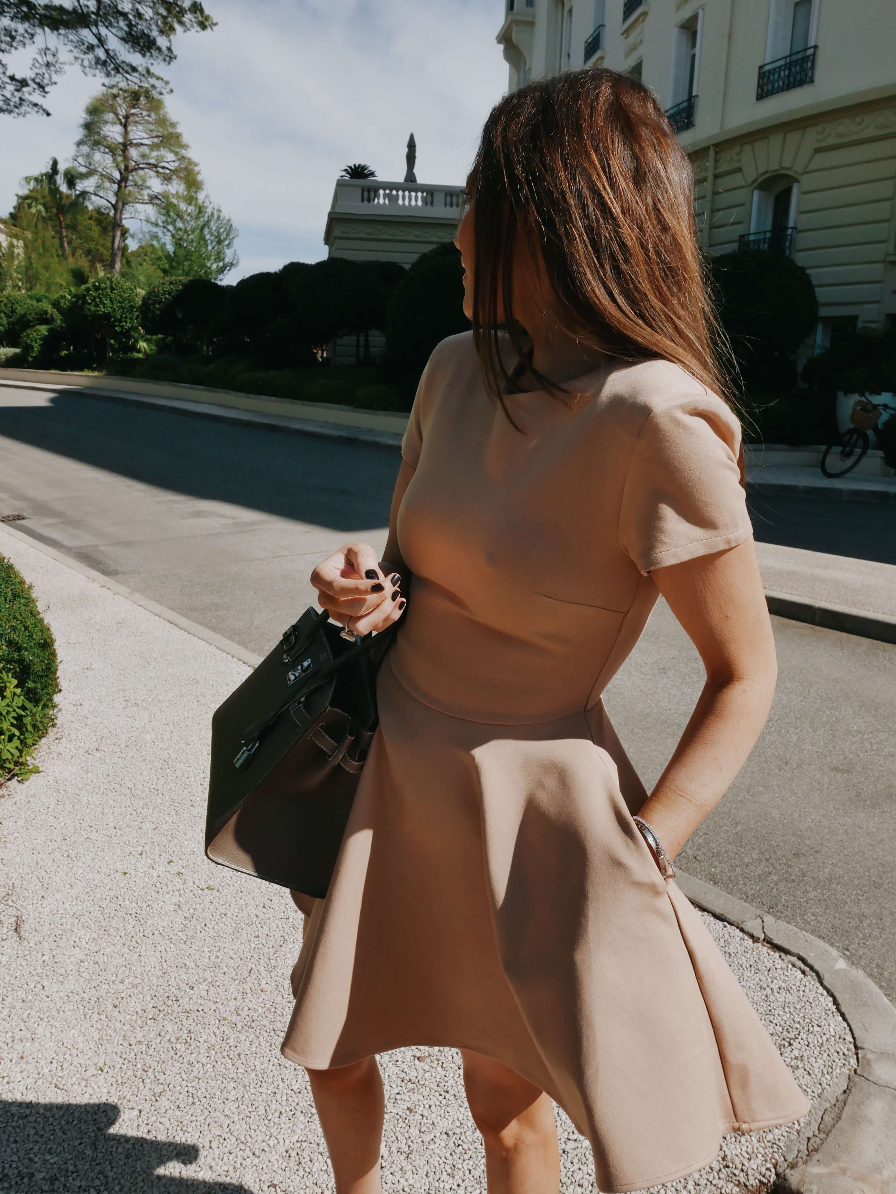 'RIVIERA' SHORT SLEEVE STRUCTURED SHOULDER MINI DRESS CAMEL - Image 3