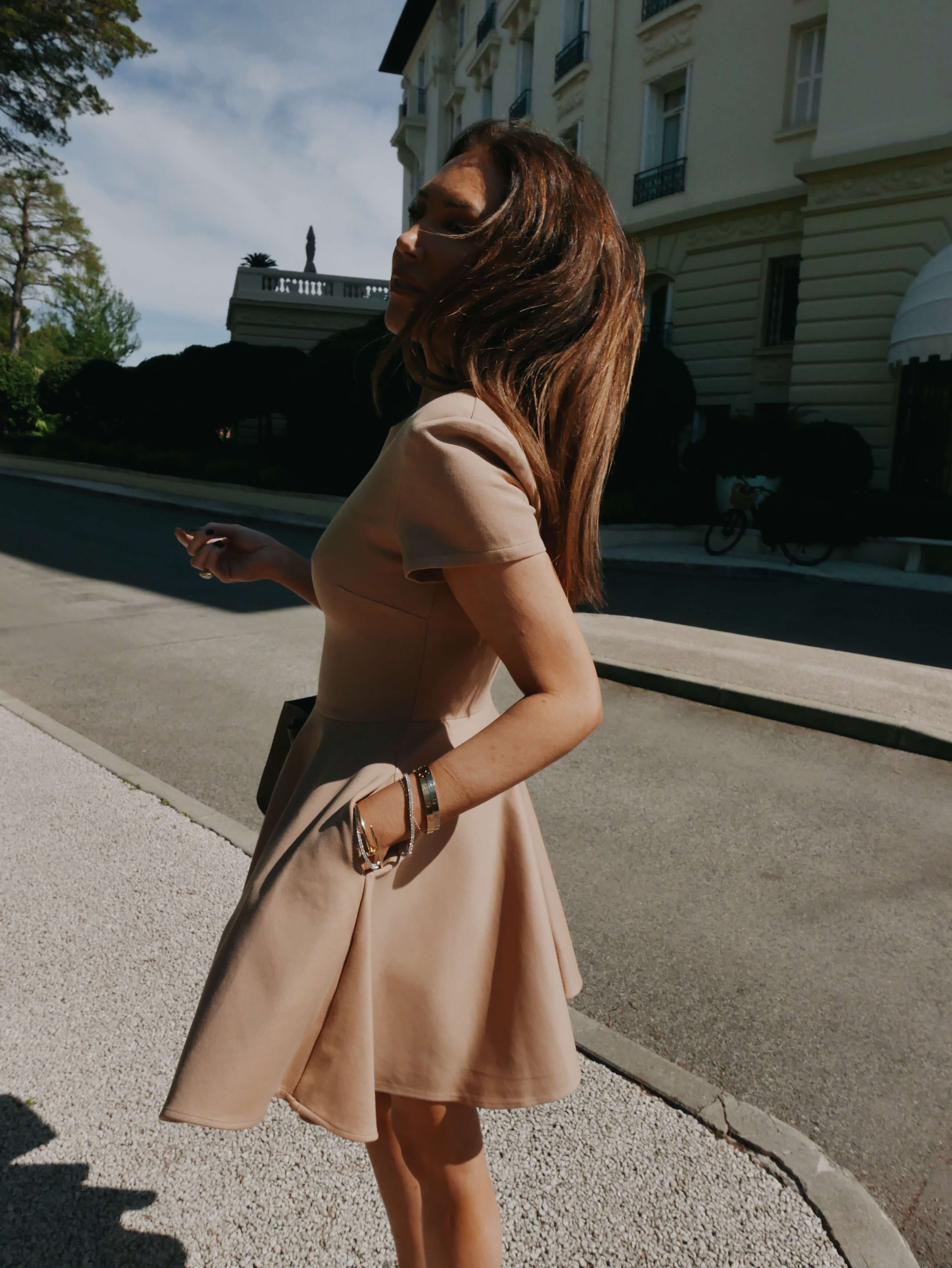 'RIVIERA' SHORT SLEEVE STRUCTURED SHOULDER MINI DRESS CAMEL - Image 4