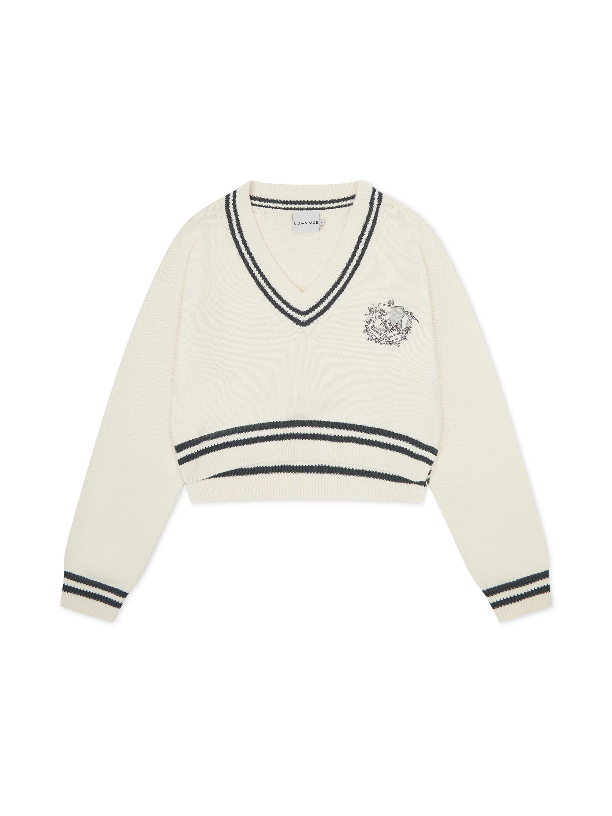 'ROMY' VARSITY CROPPED V NECK KNITTED JUMPER WHITE - Image 3